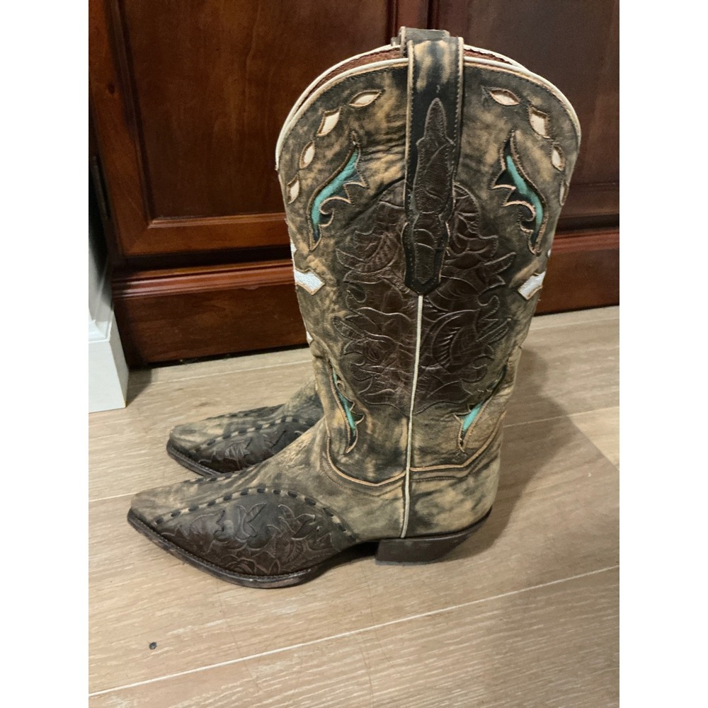 Dan Post Boots Western Brown Distressed Leather Silver Cross Snip Toe Size 10 - Picture 2 of 5